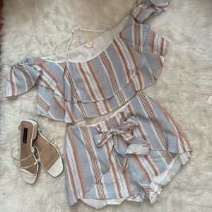 Orange & blue striped shorts set